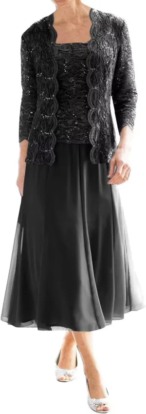2 Piece Mother of The Bride Dresses for Wedding Tea Length Lace Chiffon Formal Dress Grandmother Dresses with Jackets