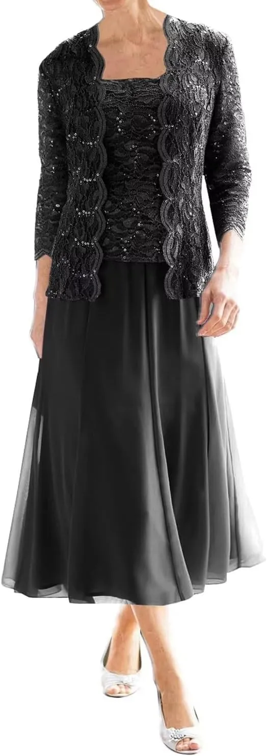 2 Piece Mother of The Bride Dresses for Wedding Tea Length Lace Chiffon Formal Dress Grandmother Dresses with Jackets