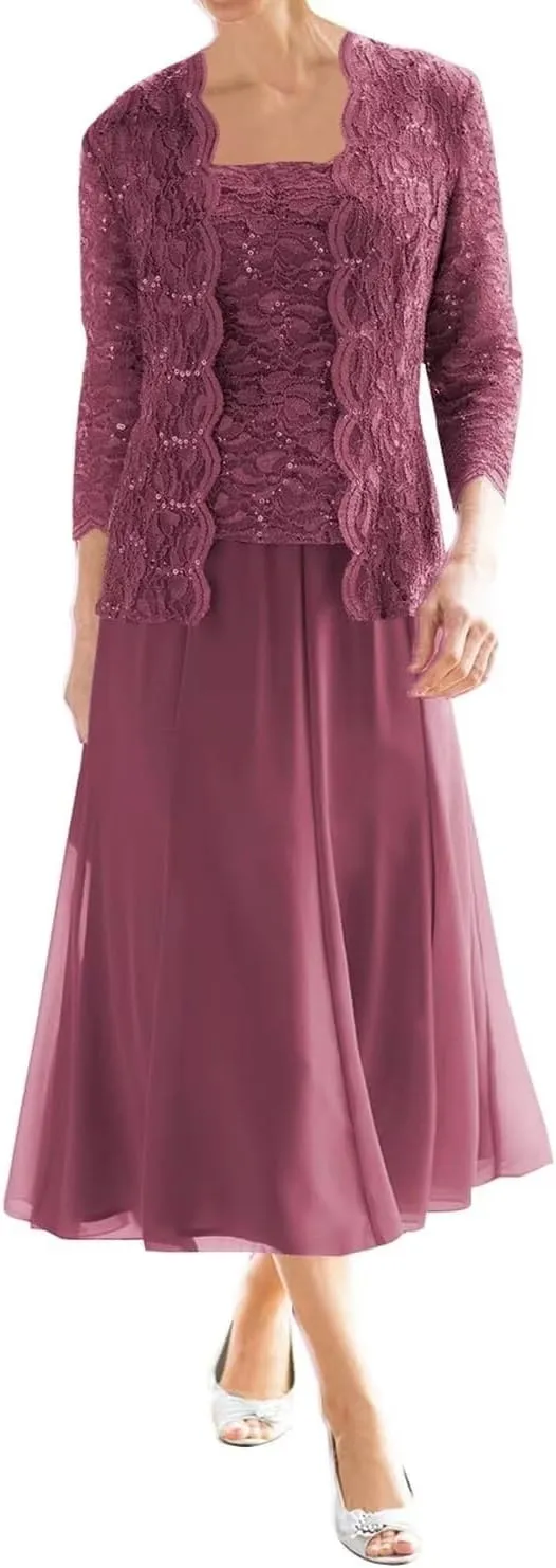 2 Piece Mother of The Bride Dresses for Wedding Tea Length Lace Chiffon Formal Dress Grandmother Dresses with Jackets