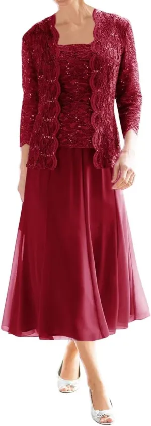 2 Piece Mother of The Bride Dresses for Wedding Tea Length Lace Chiffon Formal Dress Grandmother Dresses with Jackets