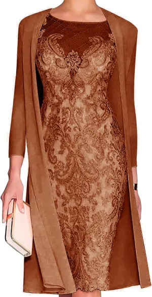 2 Pieces Mother of The Bride Dresses for Wedding Formal Evening Gowns Appliques Chiffon Knee Wedding Guest Dress