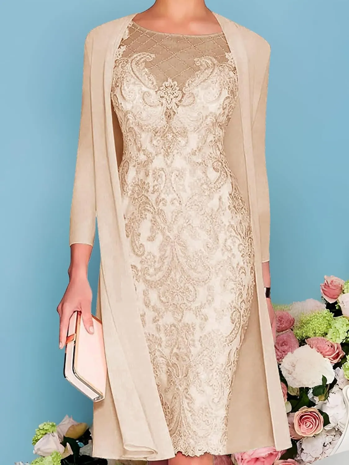 2 Pieces Mother of The Bride Dresses for Wedding Formal Evening Gowns Appliques Chiffon Knee Wedding Guest Dress