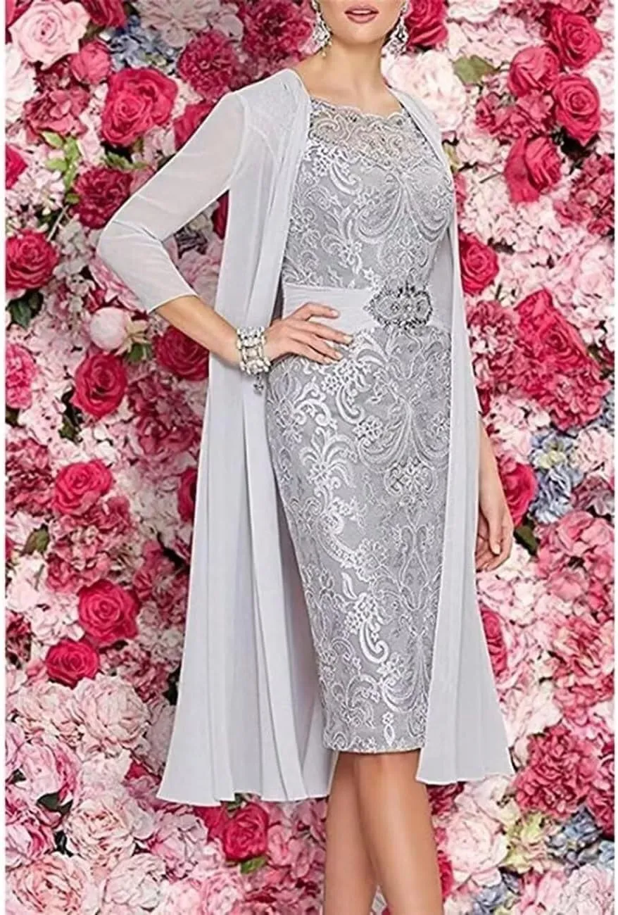 2 Pieces Tea Length Mother of The Bride Dresses for Wedding Beaded Lace Formal Evening Gowns with Jacket PG013