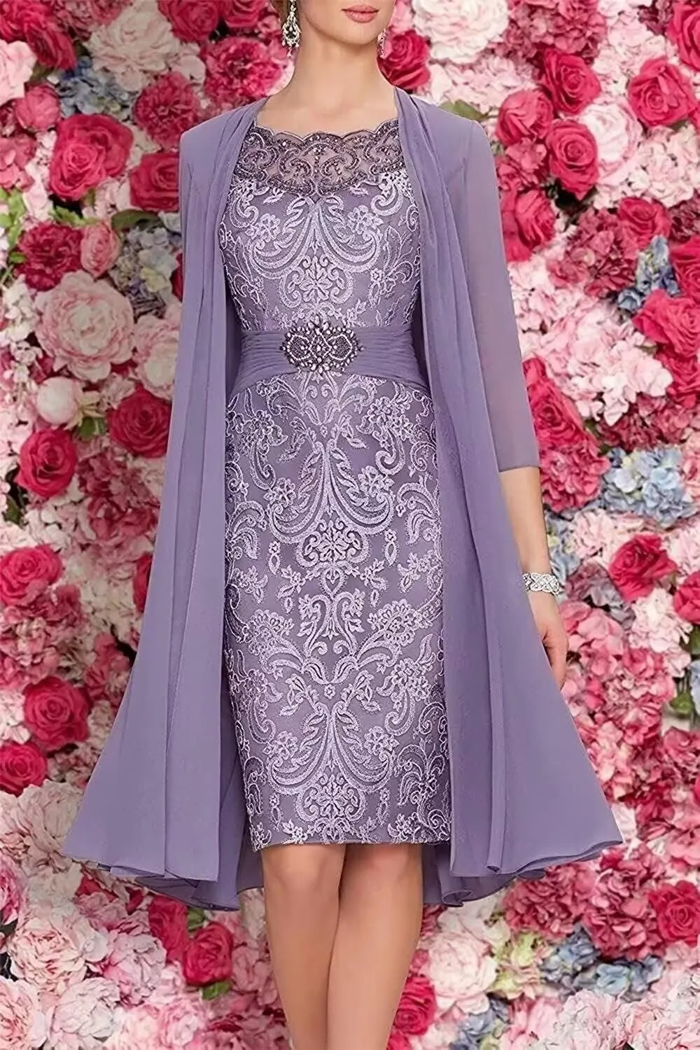 2 Pieces Tea Length Mother of The Bride Dresses for Wedding Beaded Lace Formal Evening Gowns with Jacket PG013