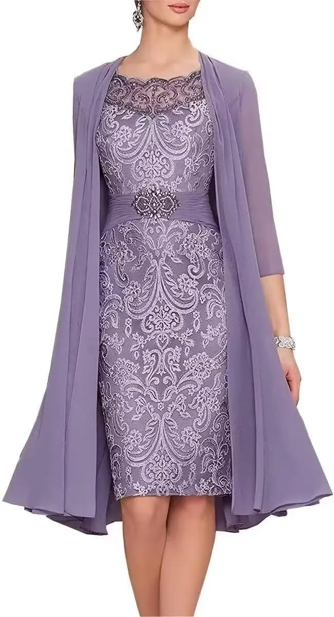 2 Pieces Tea Length Mother of The Bride Dresses for Wedding Beaded Lace Formal Evening Gowns with Jacket PG013