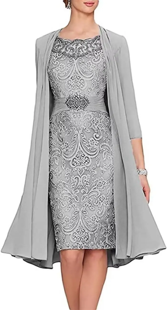 2 Pieces Tea Length Mother of The Bride Dresses for Wedding Beaded Lace Formal Evening Gowns with Jacket PG013