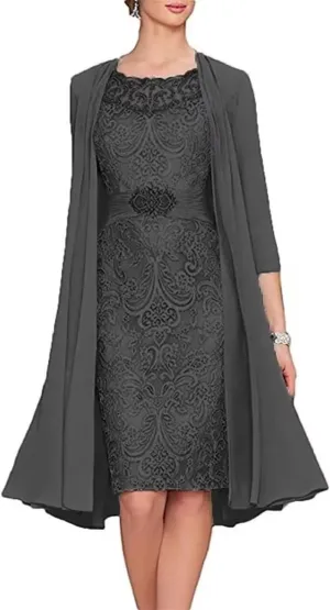 2 Pieces Tea Length Mother of The Bride Dresses for Wedding Beaded Lace Formal Evening Gowns with Jacket PG013