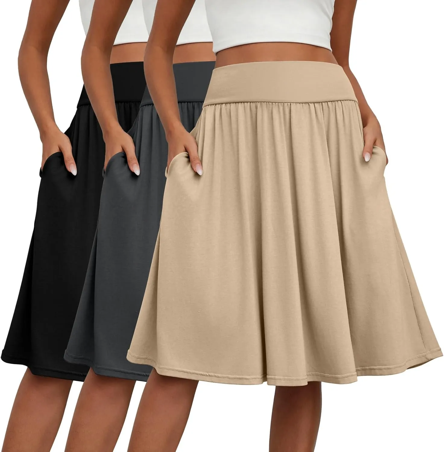 3 Pcs Womens Midi Skirts Knee Length with Pockets Casual High Waisted 2025 Trendy Summer Midi Skirt for Ladies