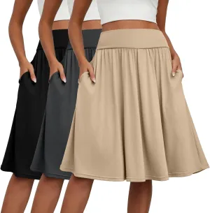 3 Pcs Womens Midi Skirts Knee Length with Pockets Casual High Waisted 2025 Trendy Summer Midi Skirt for Ladies