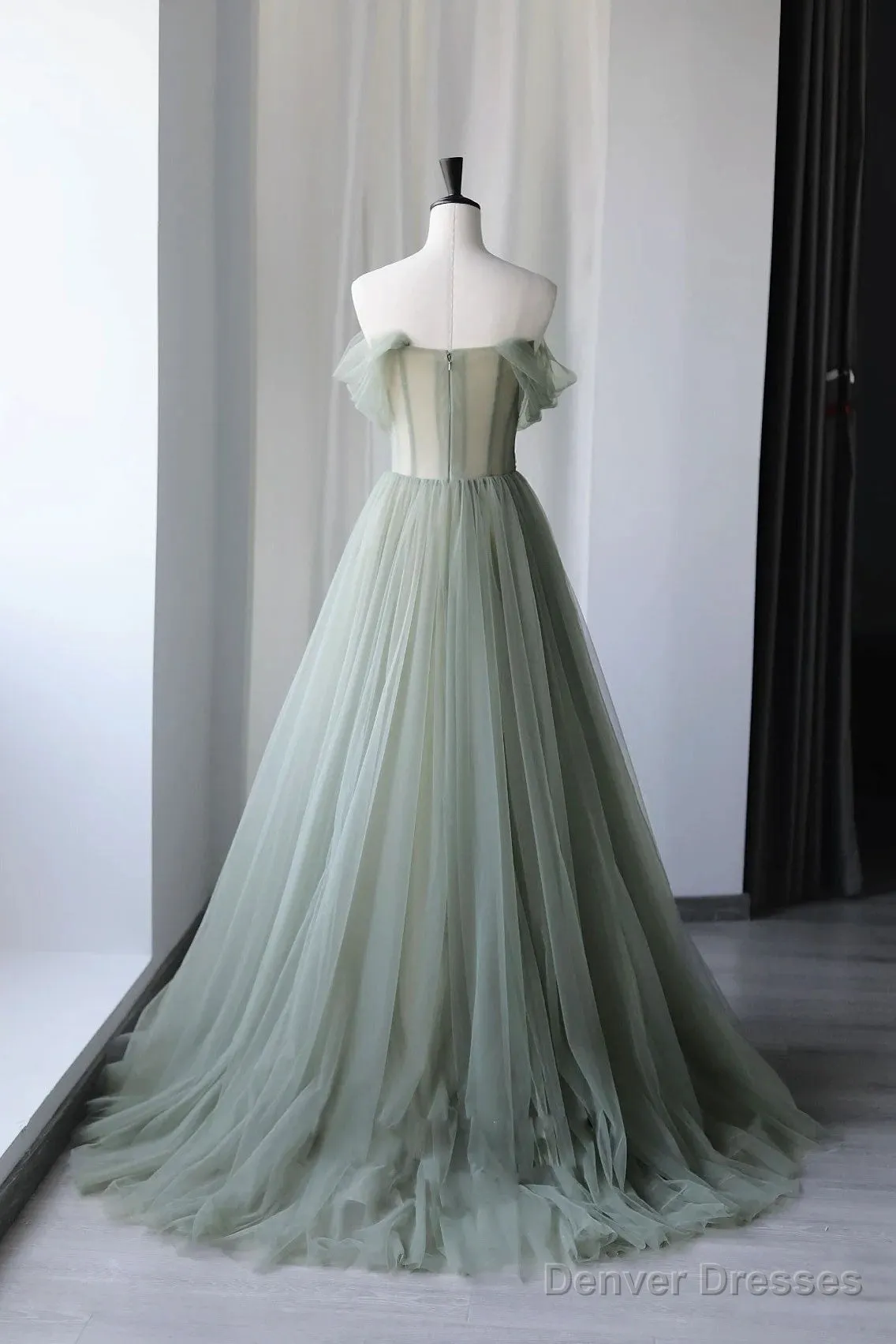A-Line Green Tulle Long Prom Dresses, Green Formal Evening Dresses