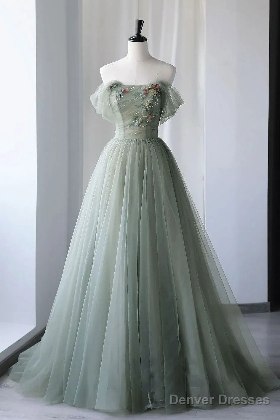 A-Line Green Tulle Long Prom Dresses, Green Formal Evening Dresses