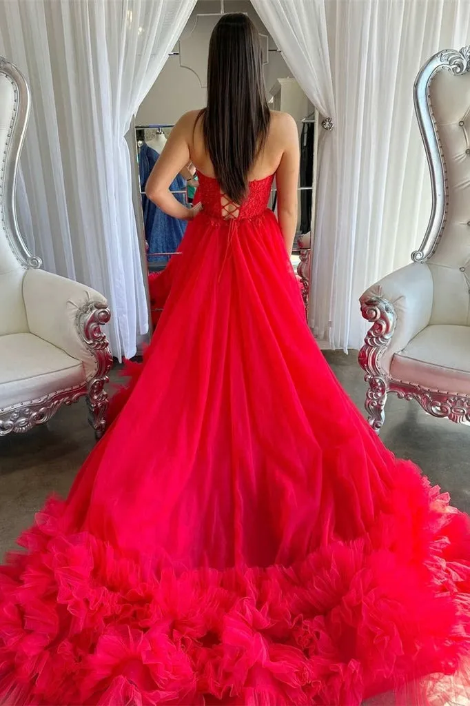 A-Line Red Sweetheart Corset Ruffle Prom Dresses Formal Gown