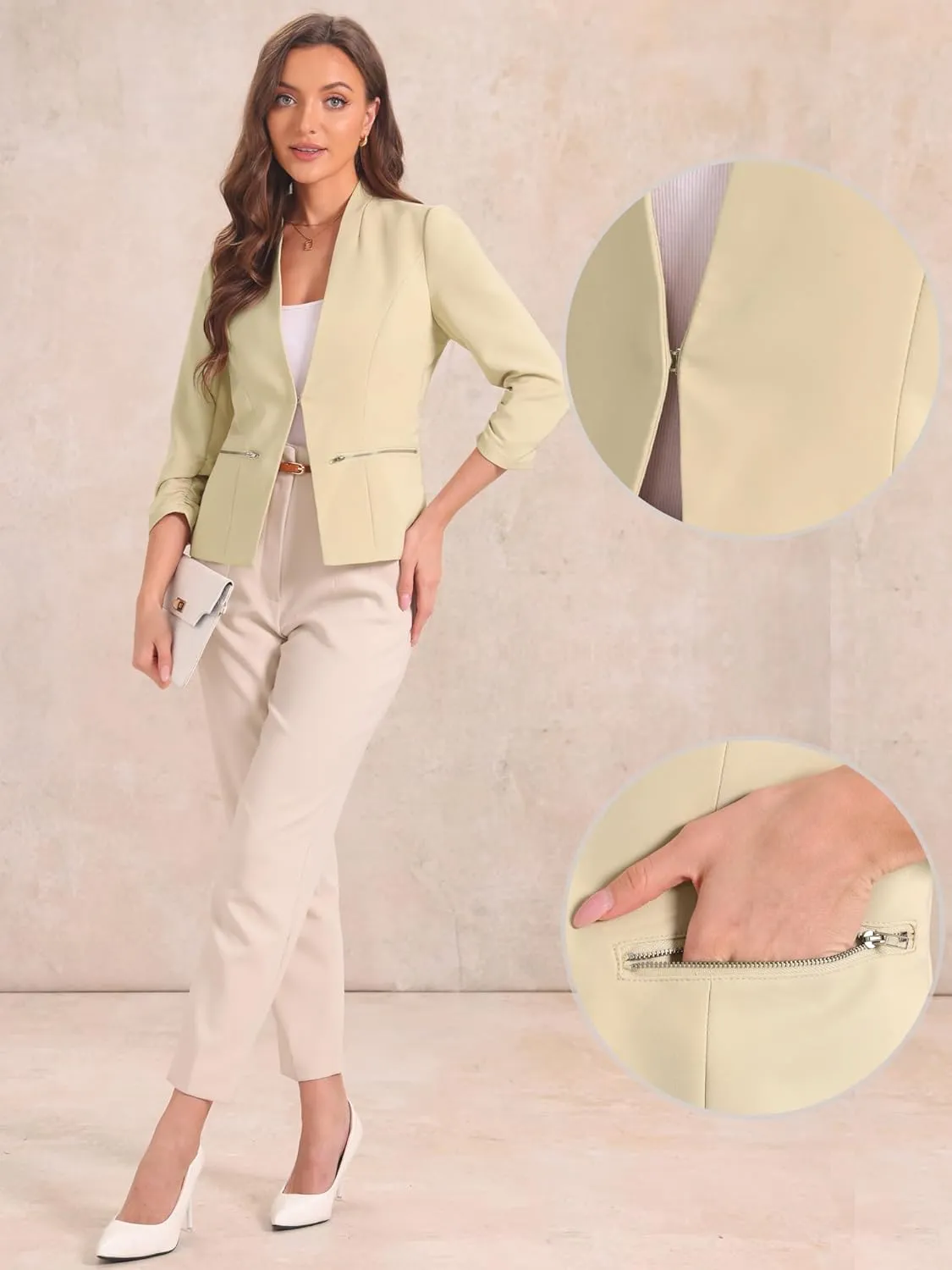 Allegra K Open Front Blazer for Women's 3/4 Ruched Sleeve Suit Jacket Work Office Casual Blazers with Zipper Pockets