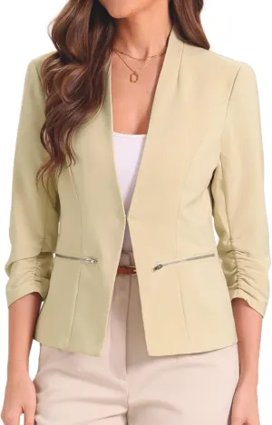 Allegra K Open Front Blazer for Women's 3/4 Ruched Sleeve Suit Jacket Work Office Casual Blazers with Zipper Pockets