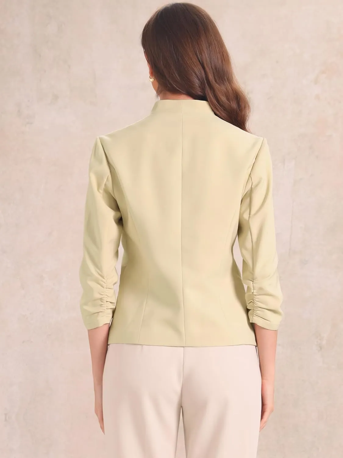 Allegra K Open Front Blazer for Women's 3/4 Ruched Sleeve Suit Jacket Work Office Casual Blazers with Zipper Pockets