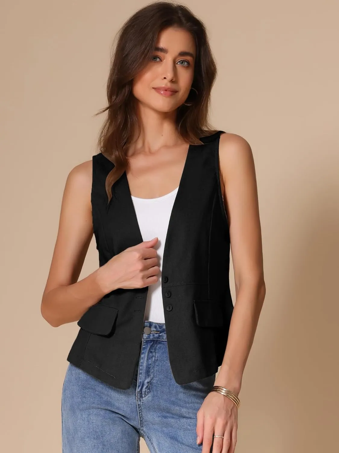 Allegra K Women's Casual Linen Vest Loose Sleeveless Blazer Lightweight Jacket Waistcoat