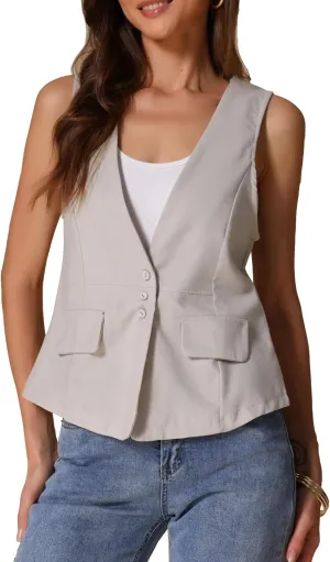 Allegra K Women's Casual Linen Vest Loose Sleeveless Blazer Lightweight Jacket Waistcoat
