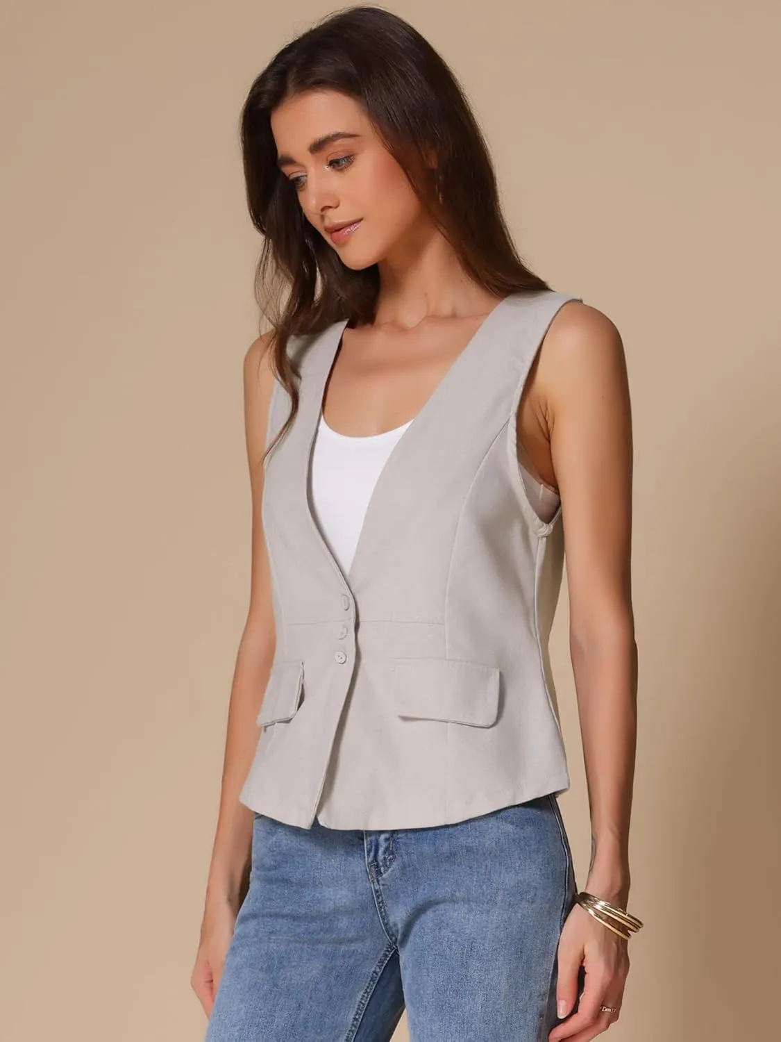 Allegra K Women's Casual Linen Vest Loose Sleeveless Blazer Lightweight Jacket Waistcoat