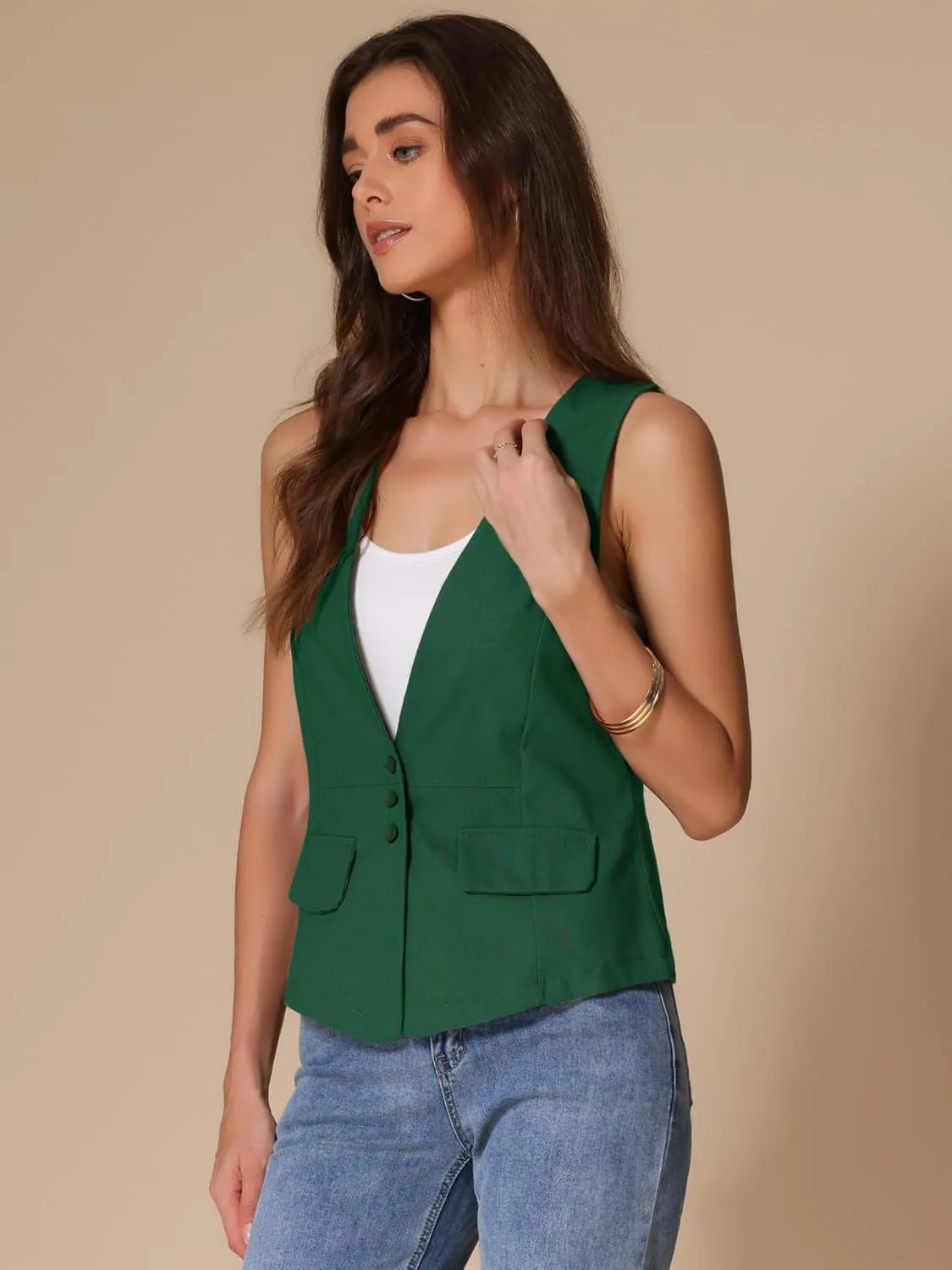 Allegra K Women's Casual Linen Vest Loose Sleeveless Blazer Lightweight Jacket Waistcoat