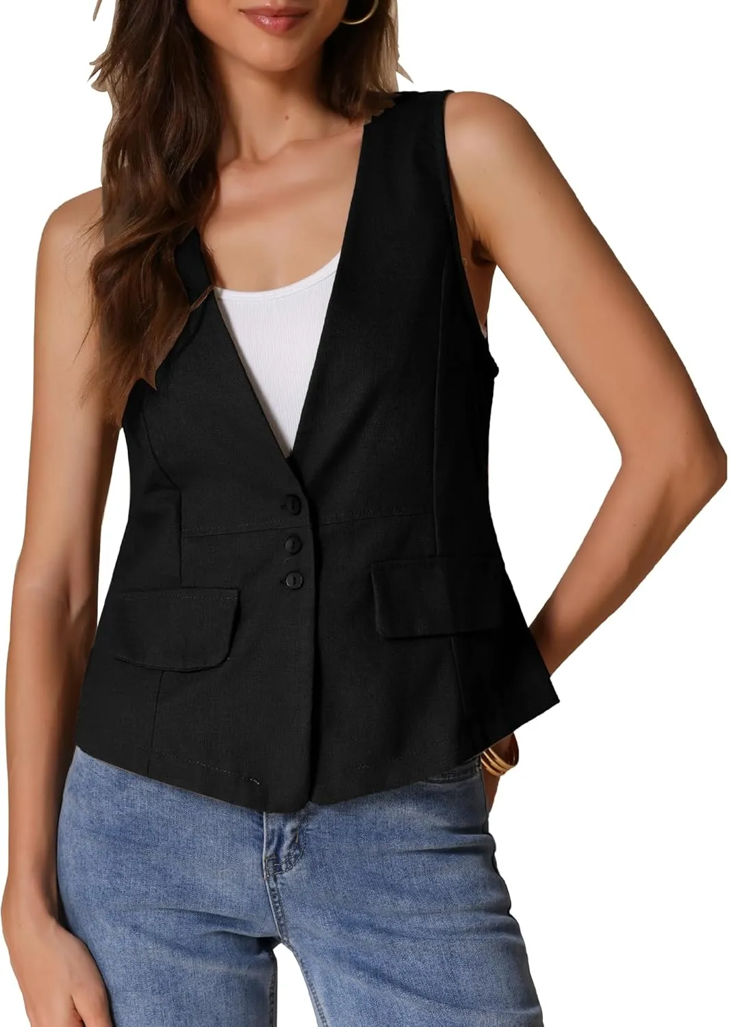 Allegra K Women's Casual Linen Vest Loose Sleeveless Blazer Lightweight Jacket Waistcoat