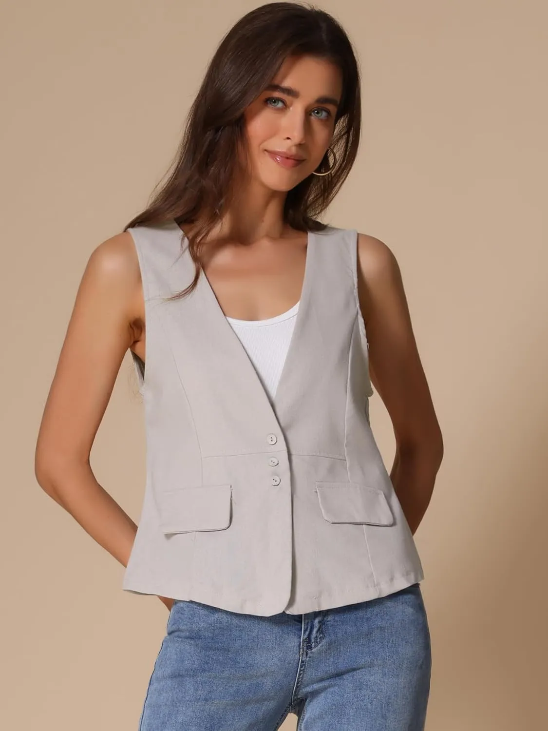 Allegra K Women's Casual Linen Vest Loose Sleeveless Blazer Lightweight Jacket Waistcoat