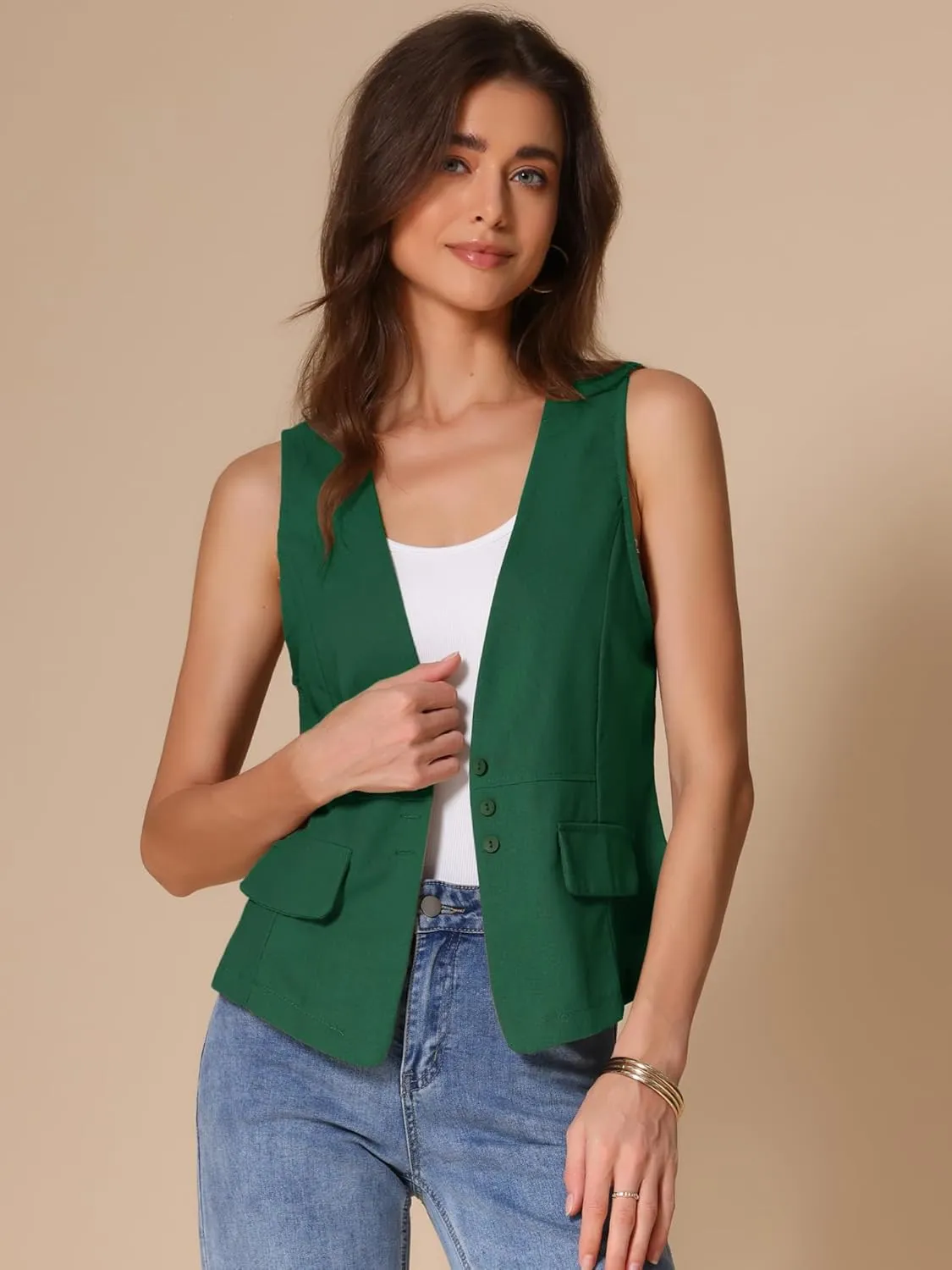 Allegra K Women's Casual Linen Vest Loose Sleeveless Blazer Lightweight Jacket Waistcoat
