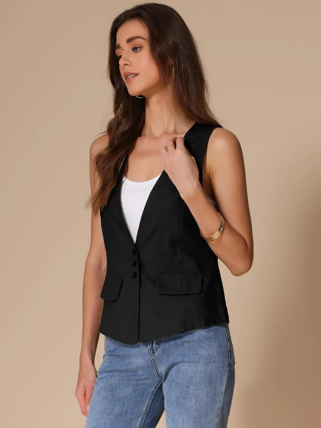 Allegra K Women's Casual Linen Vest Loose Sleeveless Blazer Lightweight Jacket Waistcoat
