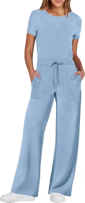 ANRABESS Jumpsuits for Women Casual Summer 2025 Short Sleeve Loose Wide leg Pants Dressy Romper Jumpers One Piece Outfits
