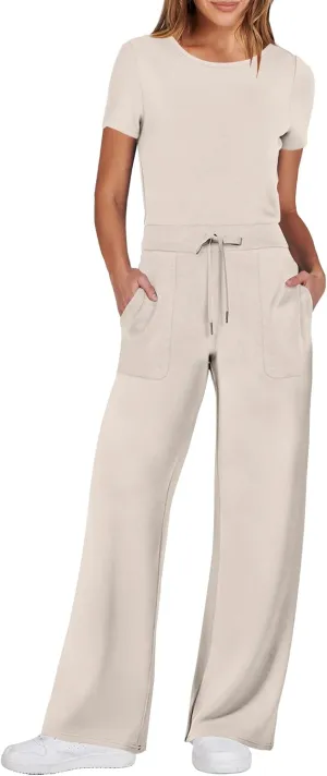 ANRABESS Jumpsuits for Women Casual Summer 2025 Short Sleeve Loose Wide leg Pants Dressy Romper Jumpers One Piece Outfits