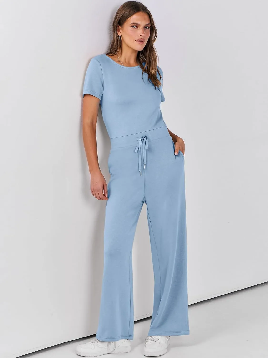 ANRABESS Jumpsuits for Women Casual Summer 2025 Short Sleeve Loose Wide leg Pants Dressy Romper Jumpers One Piece Outfits