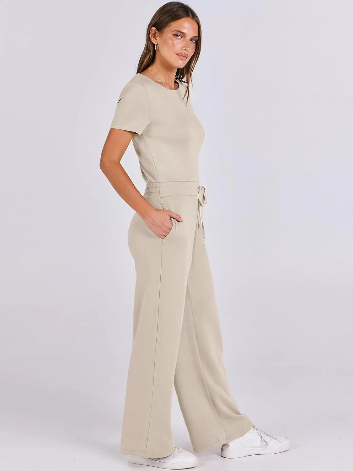 ANRABESS Jumpsuits for Women Casual Summer 2025 Short Sleeve Loose Wide leg Pants Dressy Romper Jumpers One Piece Outfits