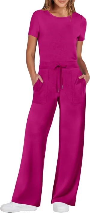 ANRABESS Jumpsuits for Women Casual Summer 2025 Short Sleeve Loose Wide leg Pants Dressy Romper Jumpers One Piece Outfits