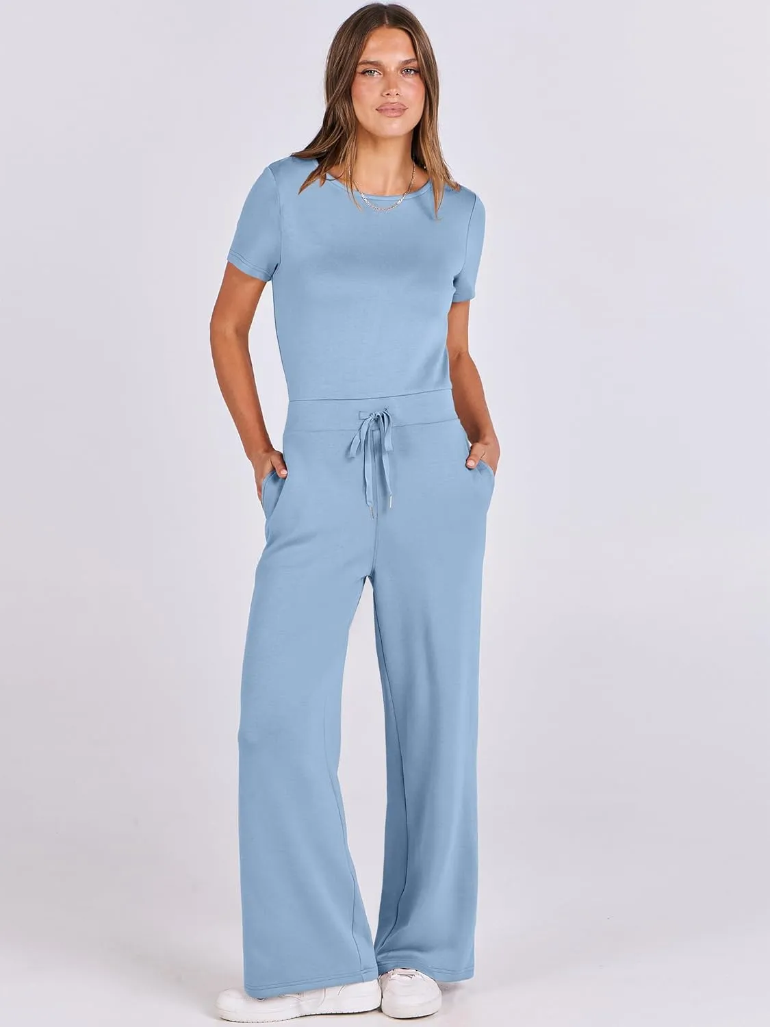 ANRABESS Jumpsuits for Women Casual Summer 2025 Short Sleeve Loose Wide leg Pants Dressy Romper Jumpers One Piece Outfits