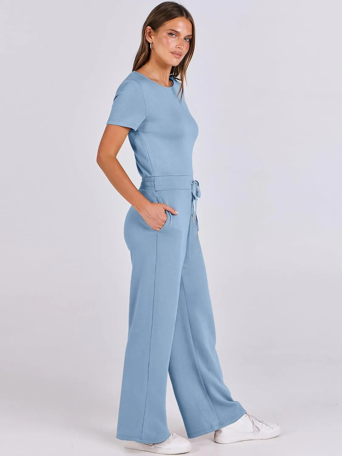 ANRABESS Jumpsuits for Women Casual Summer 2025 Short Sleeve Loose Wide leg Pants Dressy Romper Jumpers One Piece Outfits