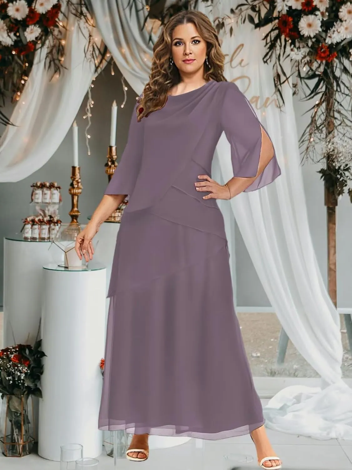 BANTRATIC Women's Mother of The Bride Dresses for Wedding Ankle Length Chiffon Crew Neck Tiered Formal Prom Cocktail Gown