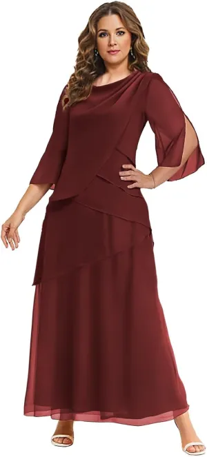 BANTRATIC Women's Mother of The Bride Dresses for Wedding Ankle Length Chiffon Crew Neck Tiered Formal Prom Cocktail Gown