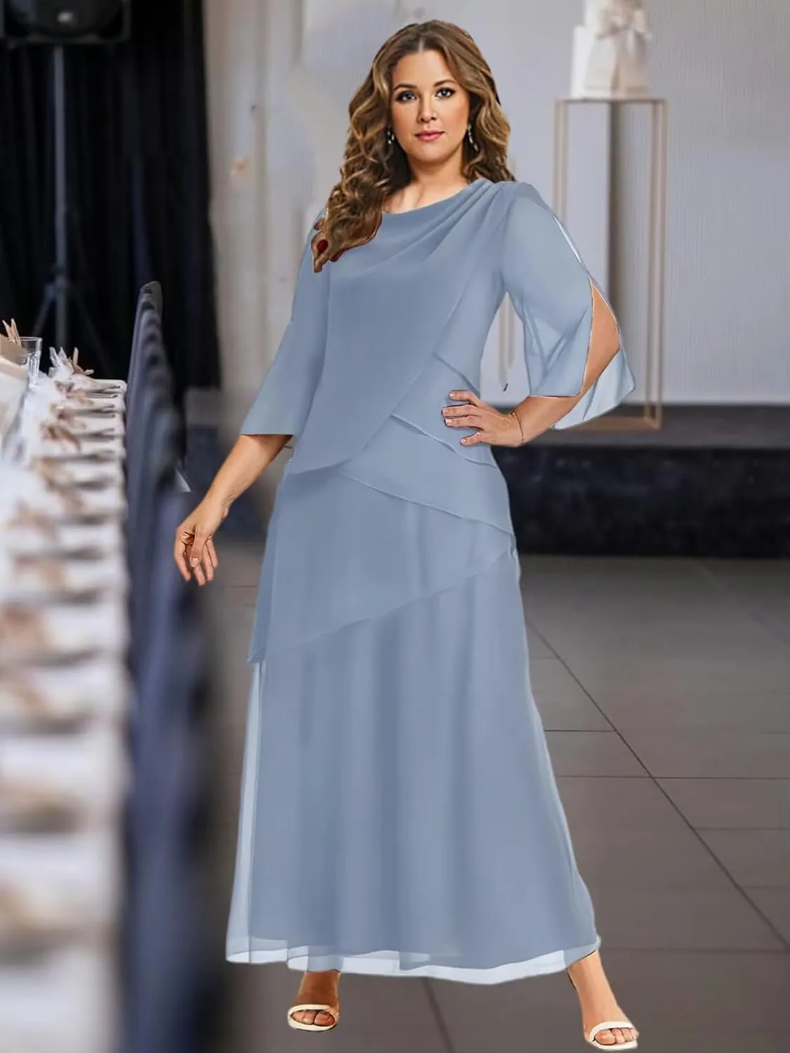 BANTRATIC Women's Mother of The Bride Dresses for Wedding Ankle Length Chiffon Crew Neck Tiered Formal Prom Cocktail Gown
