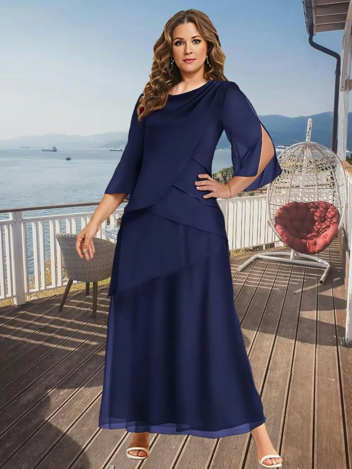 BANTRATIC Women's Mother of The Bride Dresses for Wedding Ankle Length Chiffon Crew Neck Tiered Formal Prom Cocktail Gown