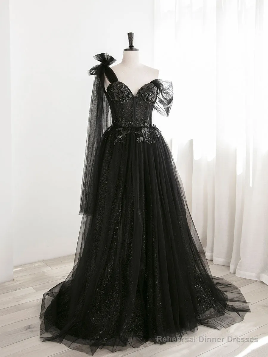 Black A line one Shoulder Tulle Long Prom Dresses, Black Tulle Formal Dresses