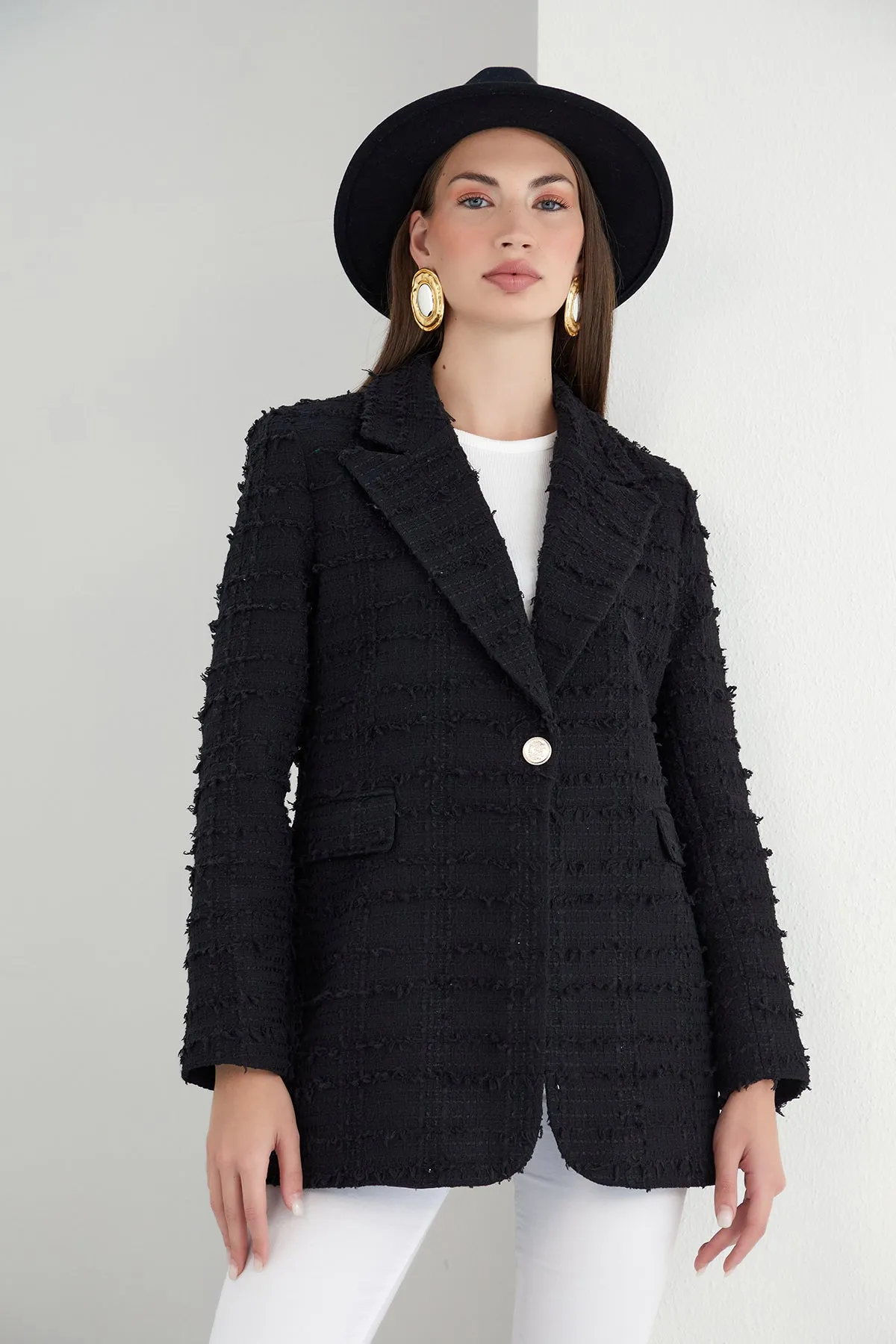 Black Textured Tweed Blazer with 1 Button