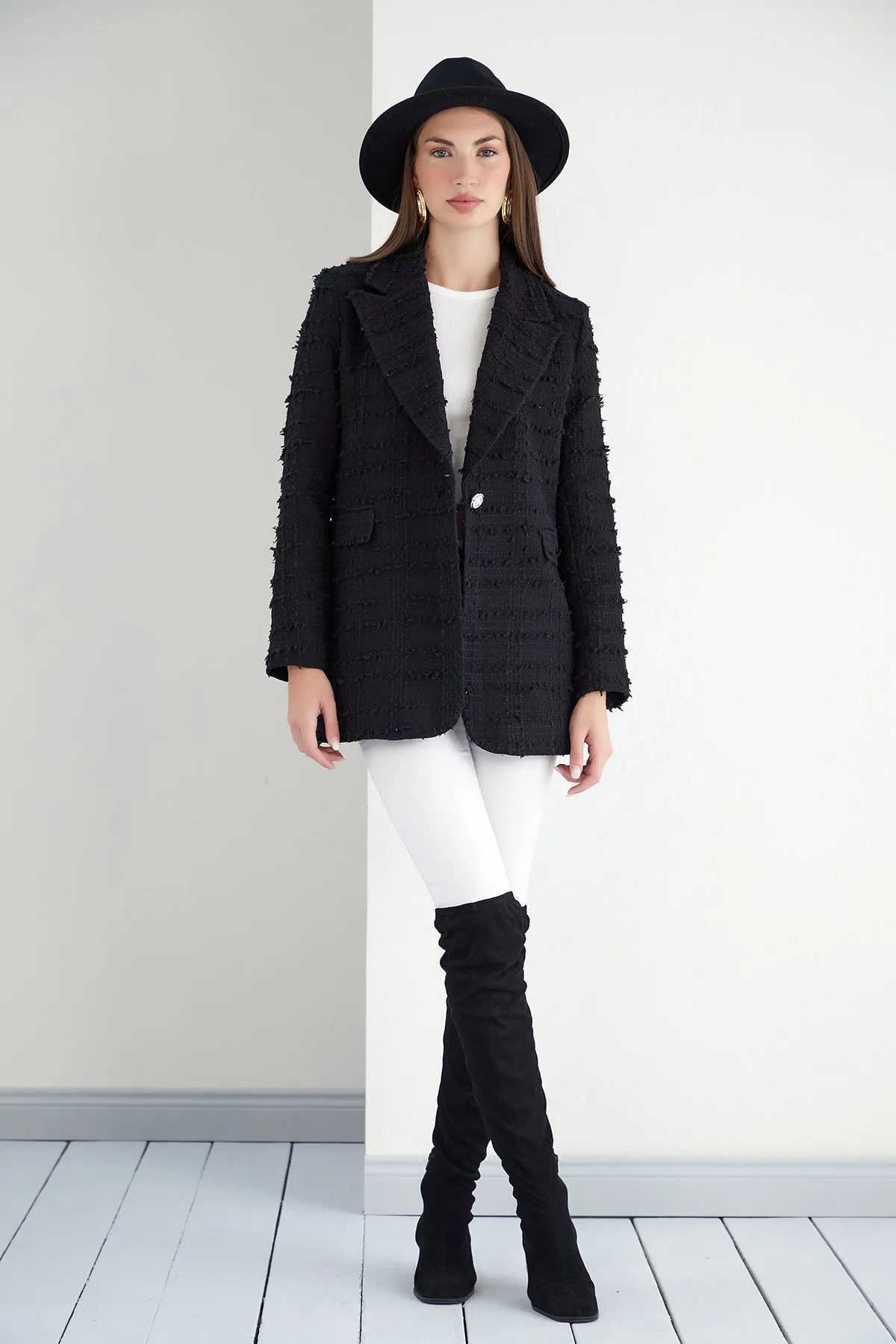 Black Textured Tweed Blazer with 1 Button