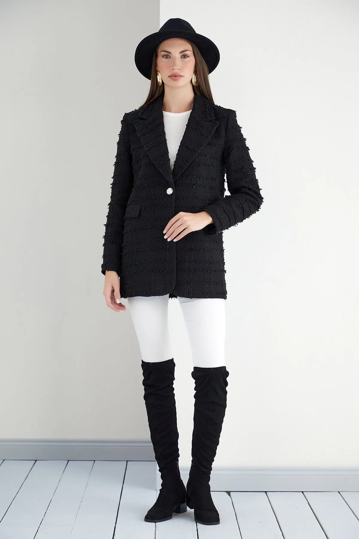 Black Textured Tweed Blazer with 1 Button