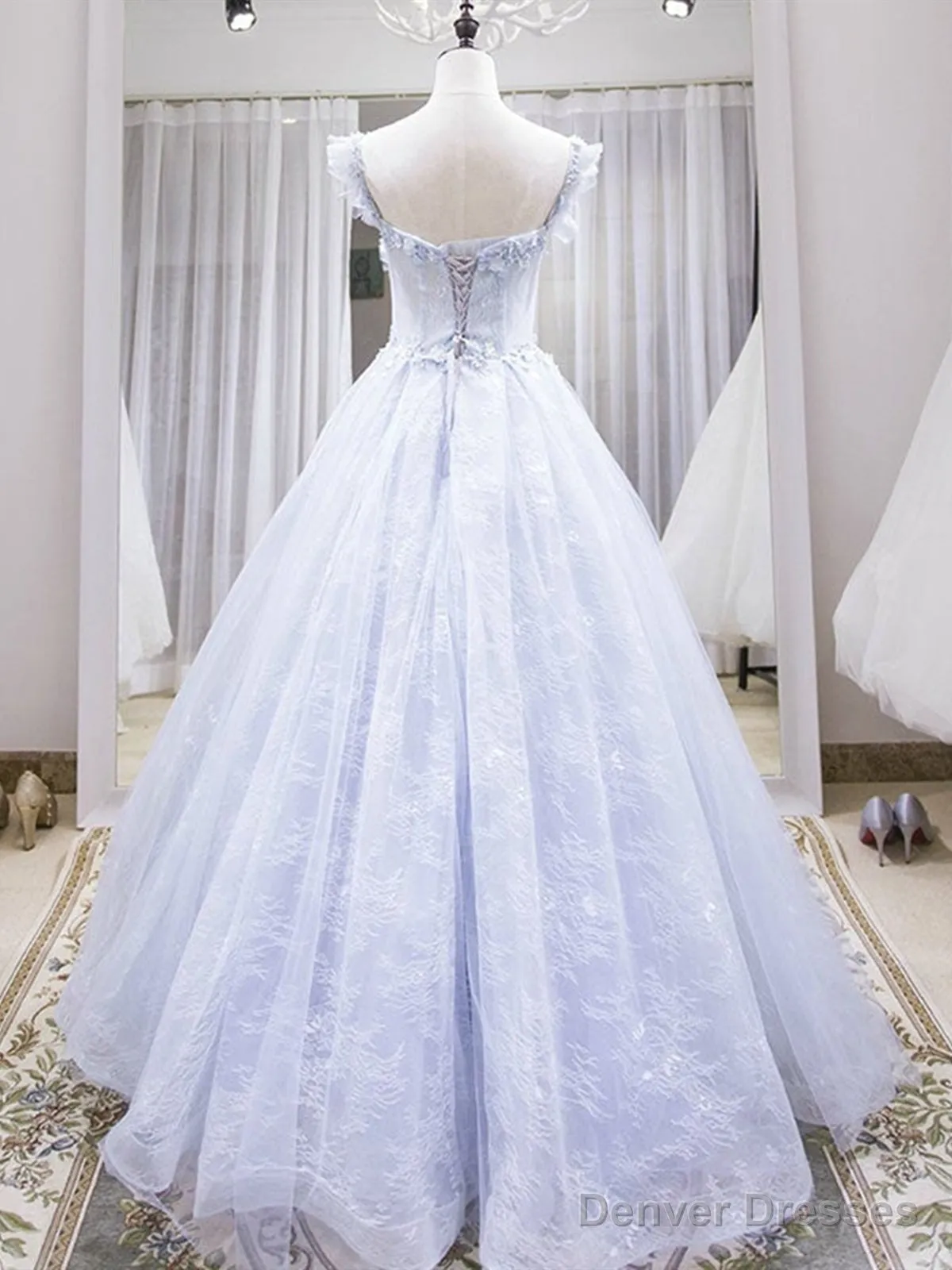Blue Lace Floral Long Prom Dresses, Blue Lace Flower Long Formal Graduation Dresses