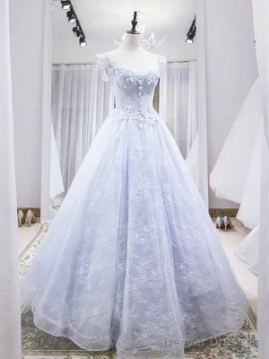 Blue Lace Floral Long Prom Dresses, Blue Lace Flower Long Formal Graduation Dresses