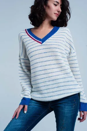 Blue Striped Sweater with V-neck