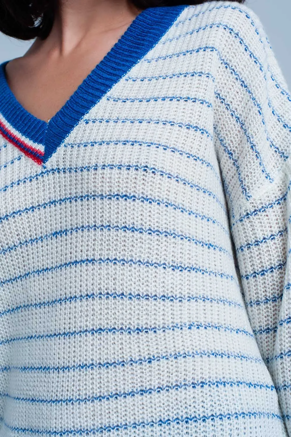 Blue Striped Sweater with V-neck