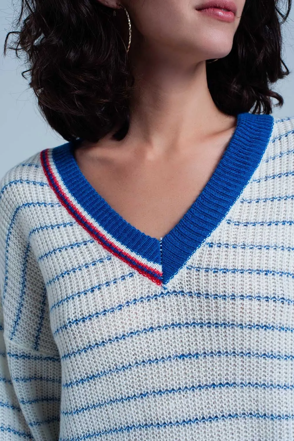 Blue Striped Sweater with V-neck