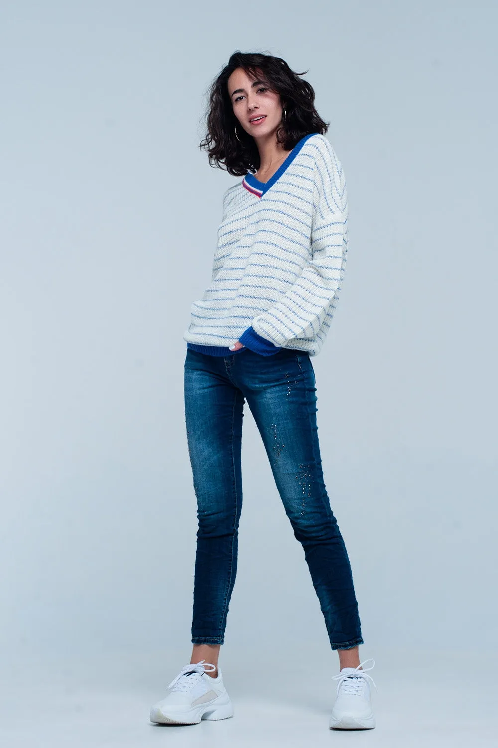 Blue Striped Sweater with V-neck