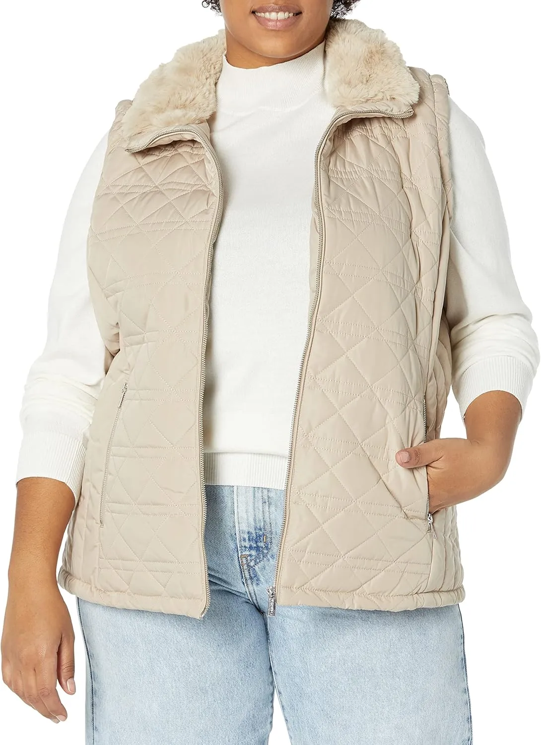 Calvin Klein Women's Plus Size Silver Hardwear Quilted Cozy Fur Collar Everyday Vest