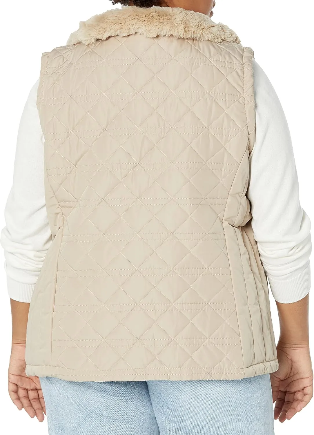 Calvin Klein Women's Plus Size Silver Hardwear Quilted Cozy Fur Collar Everyday Vest